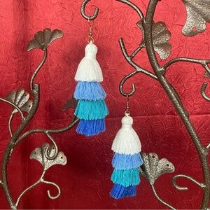 Blue and White Tiered Tassel Earrings